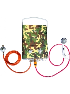 Mobiler Auen-Durchlauferhitzer mit 12 KW, 6 Liter pro Minute inkl. Dusche und Gasset, 50 mbar, camo